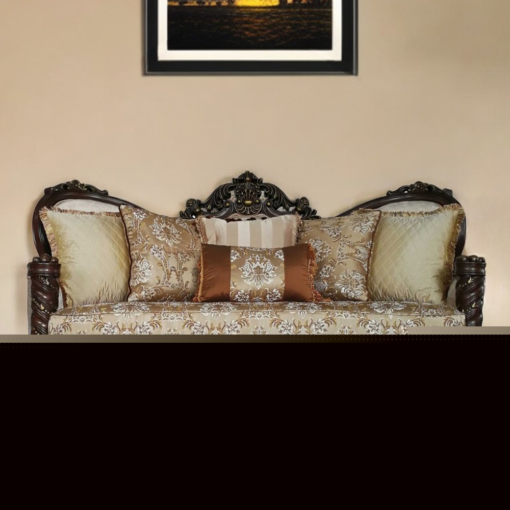 39" Beige Floral Sofa And Toss Pillows With Dark Brown Legs HomeRoots