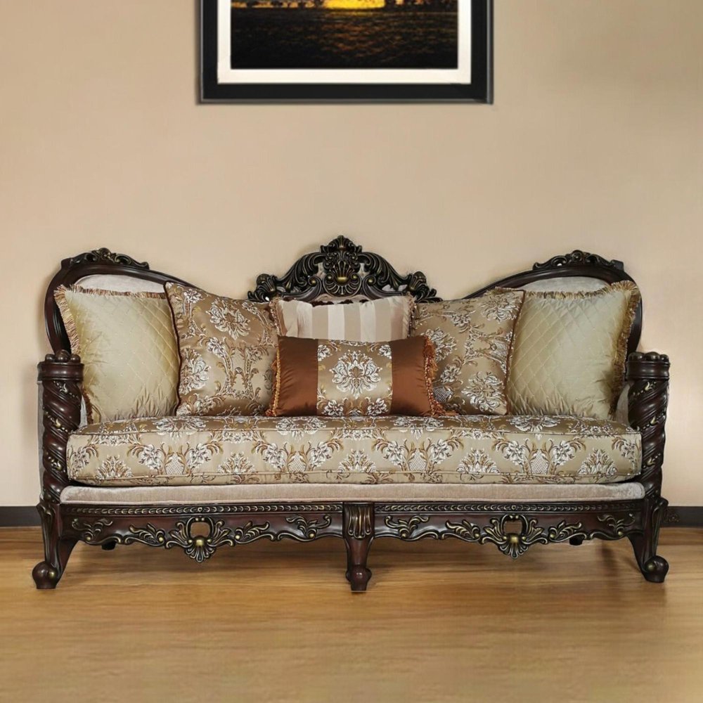 39" Beige Floral Sofa And Toss Pillows With Dark Brown Legs HomeRoots