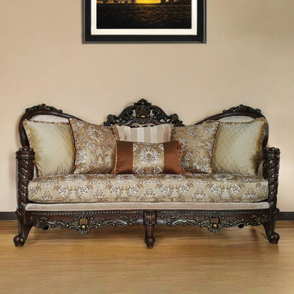 39" Beige Floral Sofa And Toss Pillows With Dark Brown Legs HomeRoots