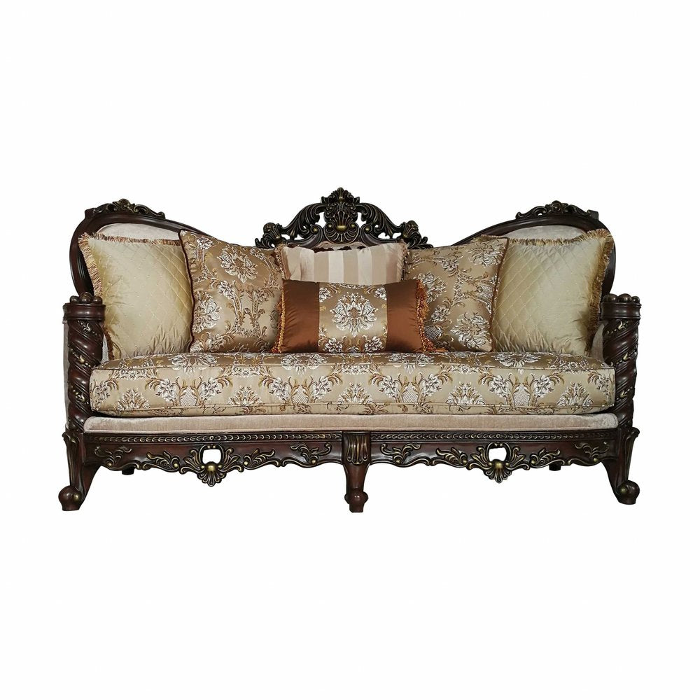 39" Beige Floral Sofa And Toss Pillows With Dark Brown Legs HomeRoots