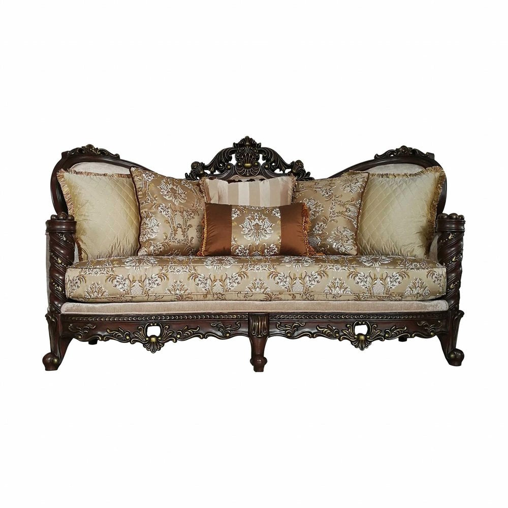 39" Beige Floral Sofa And Toss Pillows With Dark Brown Legs HomeRoots