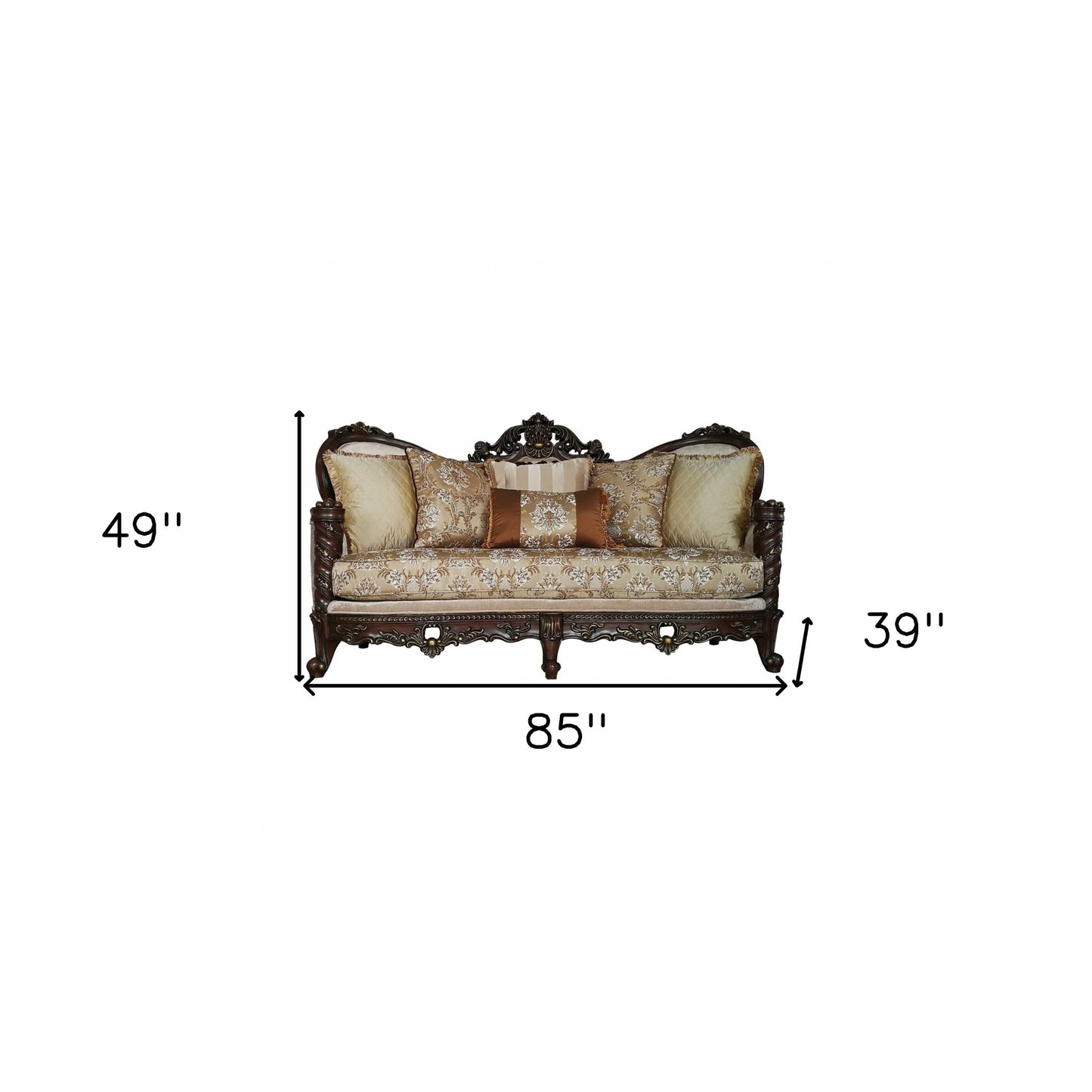 39" Beige Floral Sofa And Toss Pillows With Dark Brown Legs