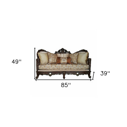 39" Beige Floral Sofa And Toss Pillows With Dark Brown Legs HomeRoots