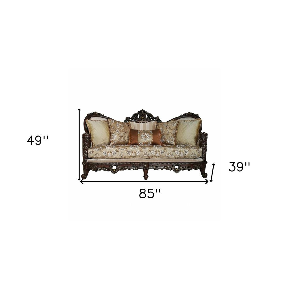39" Beige Floral Sofa And Toss Pillows With Dark Brown Legs HomeRoots