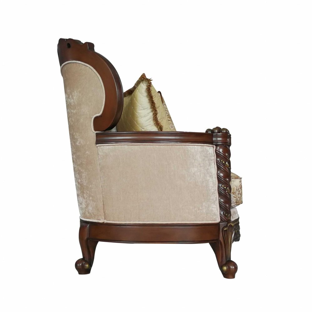 39" Beige Floral Sofa And Toss Pillows With Dark Brown Legs HomeRoots