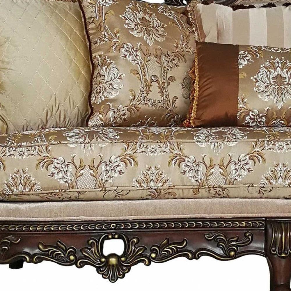 39" Beige Polyester Blend Floral Sofa And Toss Pillows With Dark Brown Legs - FurniFindUSA