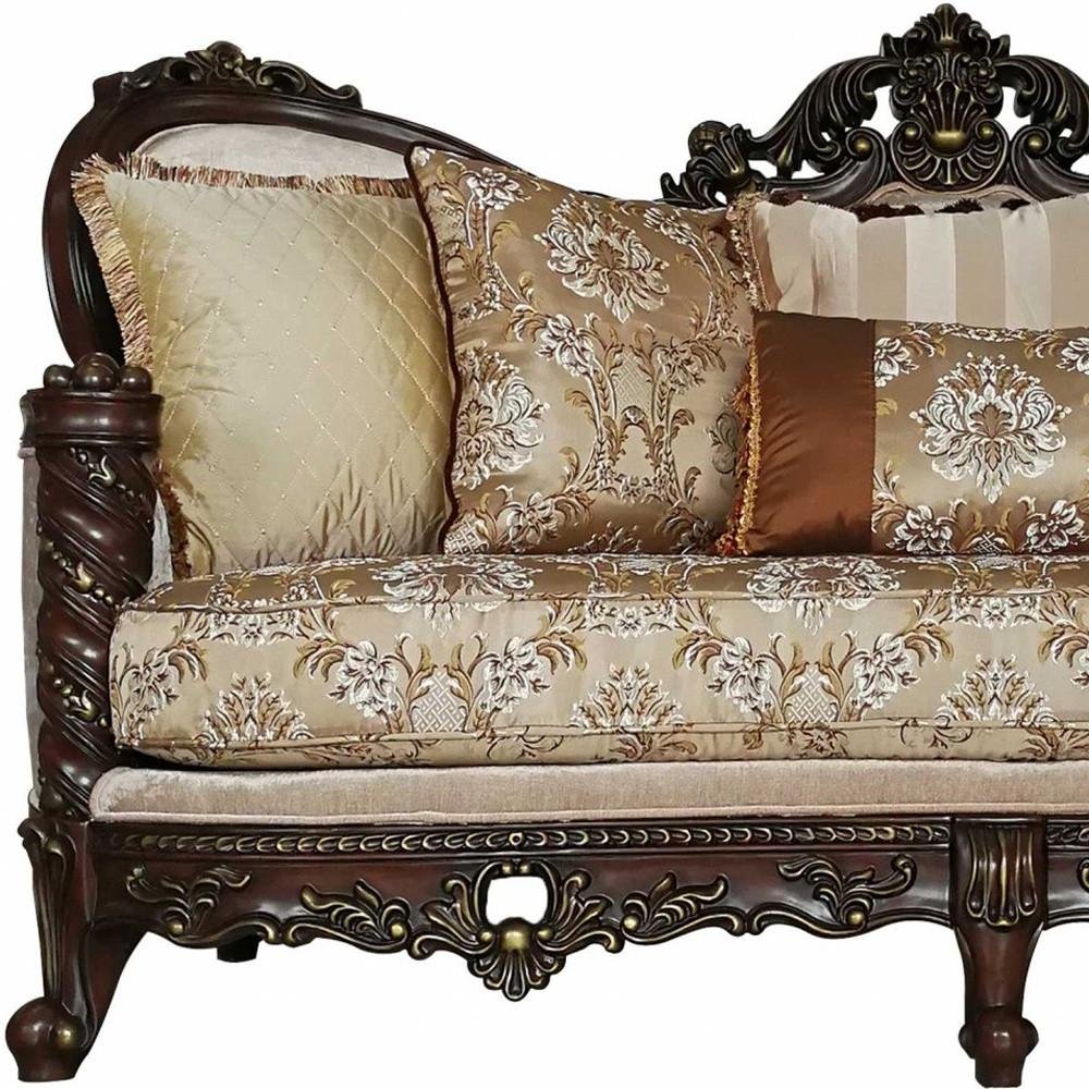 39" Beige Floral Sofa And Toss Pillows With Dark Brown Legs HomeRoots