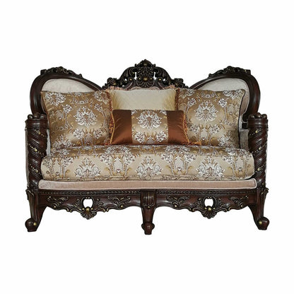 68" Cream And Brown Damask Chesterfield Loveseat and Toss Pillows HomeRoots