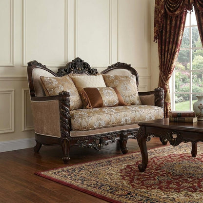 68" Cream And Brown Damask Chesterfield Loveseat and Toss Pillows HomeRoots