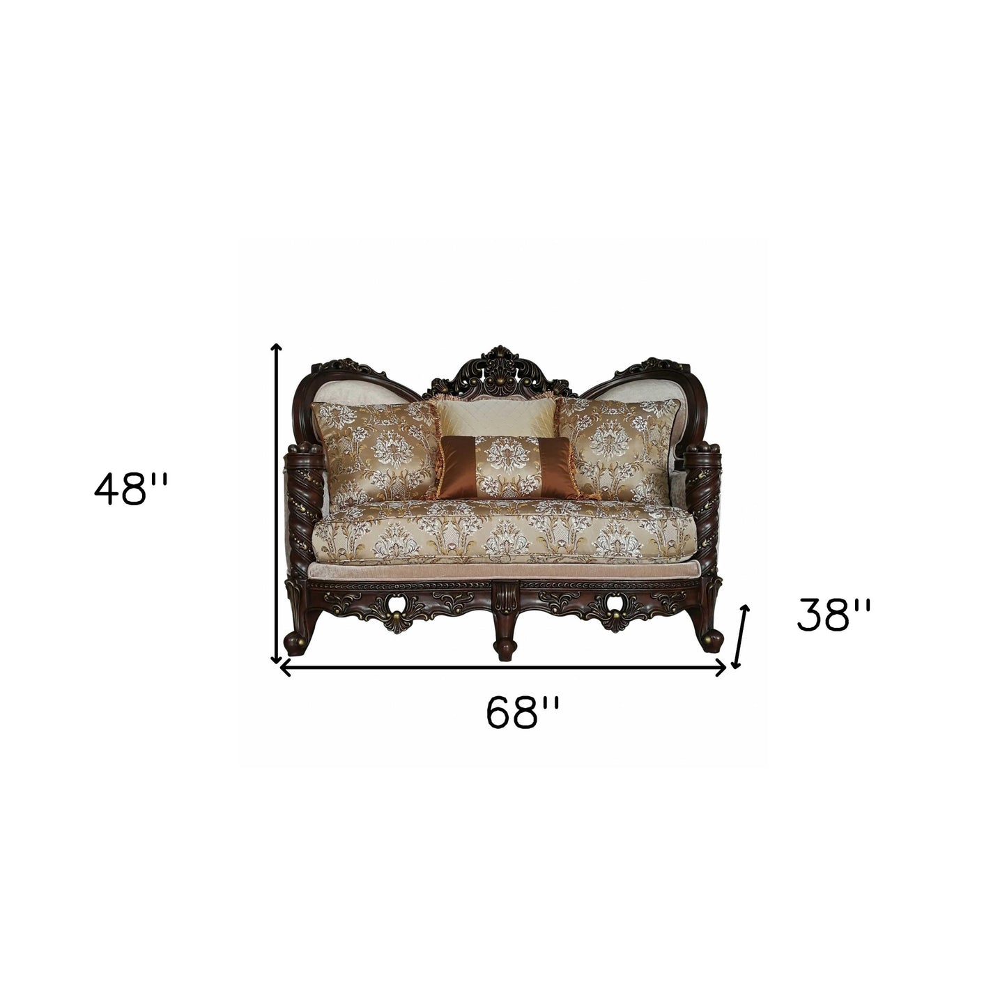 68" Cream And Brown Damask Chesterfield Loveseat and Toss Pillows