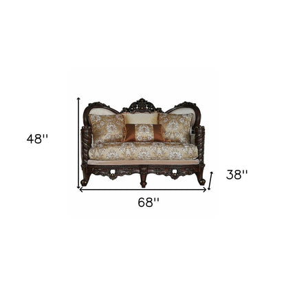 68" Cream And Brown Damask Chesterfield Loveseat and Toss Pillows HomeRoots