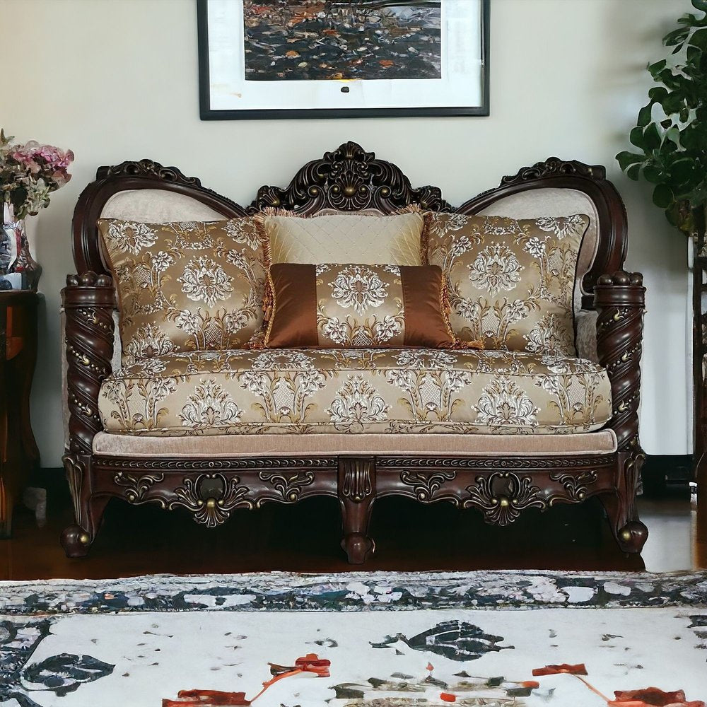 68" Cream And Brown Damask Chesterfield Loveseat and Toss Pillows HomeRoots