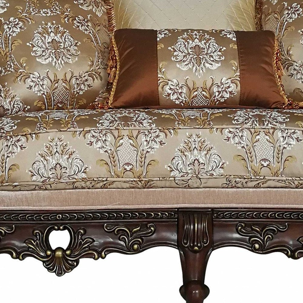 68" Cream And Brown Damask Chesterfield Loveseat and Toss Pillows HomeRoots