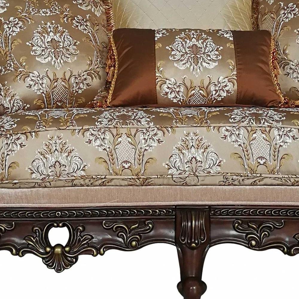 68" Cream And Brown Damask Chesterfield Loveseat and Toss Pillows HomeRoots