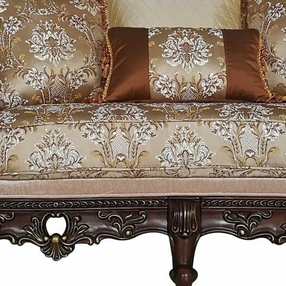 68" Cream And Brown Damask Chesterfield Loveseat and Toss Pillows HomeRoots