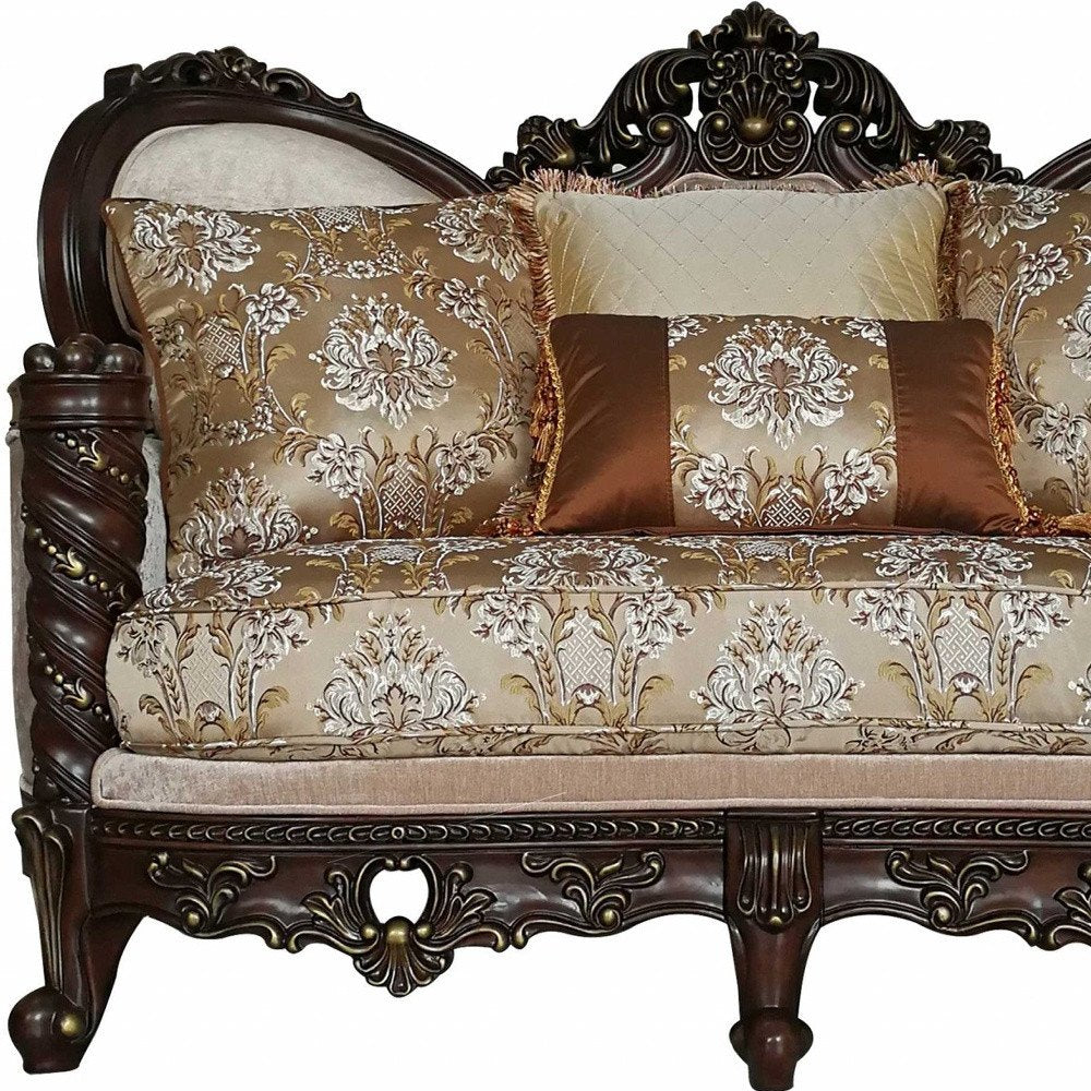 68" Cream And Brown Damask Chesterfield Loveseat and Toss Pillows HomeRoots