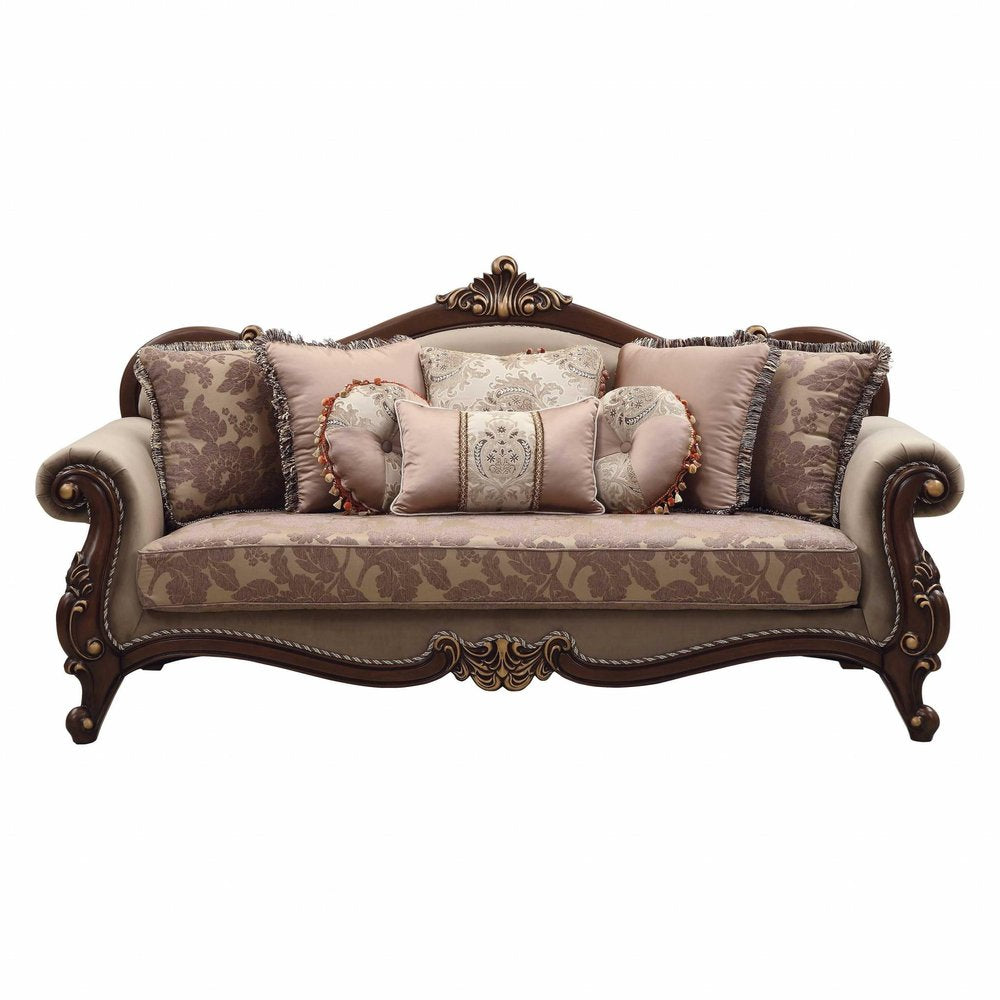 88" Beige Velvet Floral Sofa And Toss Pillows With Brown Legs HomeRoots