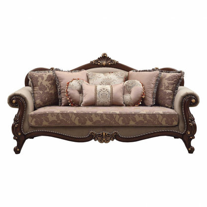 88" Beige Velvet Floral Sofa And Toss Pillows With Brown Legs HomeRoots