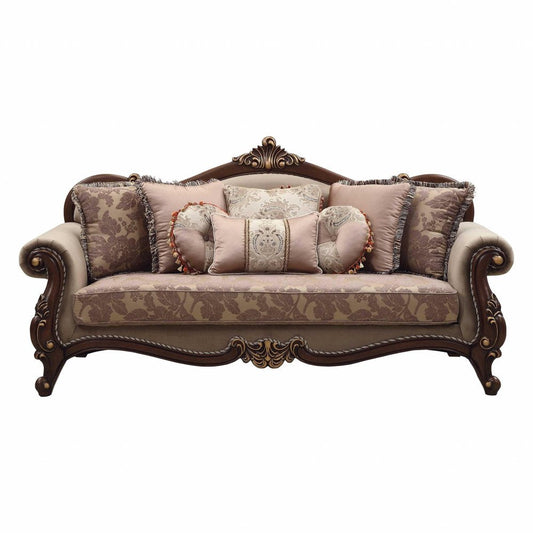 88" Beige Velvet Floral Sofa And Toss Pillows With Brown Legs HomeRoots
