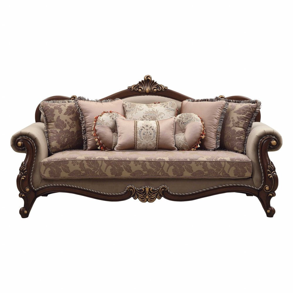 88" Beige Velvet Floral Sofa And Toss Pillows With Brown Legs HomeRoots