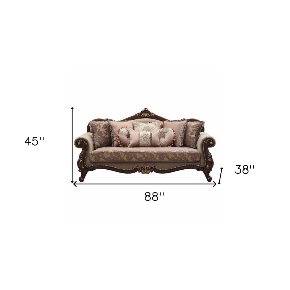 88" Beige Velvet Floral Sofa And Toss Pillows With Brown Legs HomeRoots