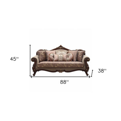 88" Beige Velvet Floral Sofa And Toss Pillows With Brown Legs HomeRoots