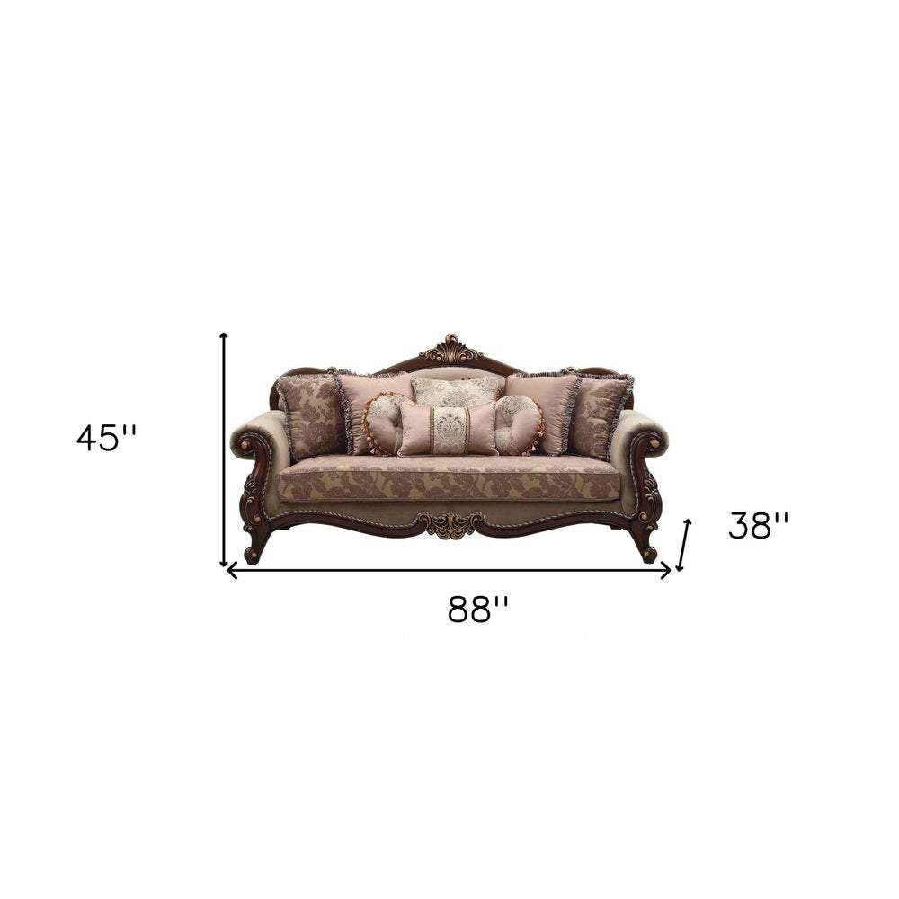 88" Beige Velvet Floral Sofa And Toss Pillows With Brown Legs HomeRoots