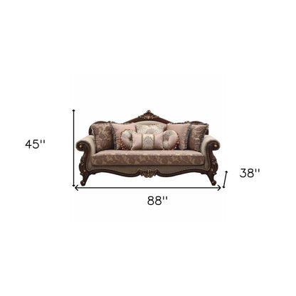 88" Beige Velvet Floral Sofa And Toss Pillows With Brown Legs HomeRoots
