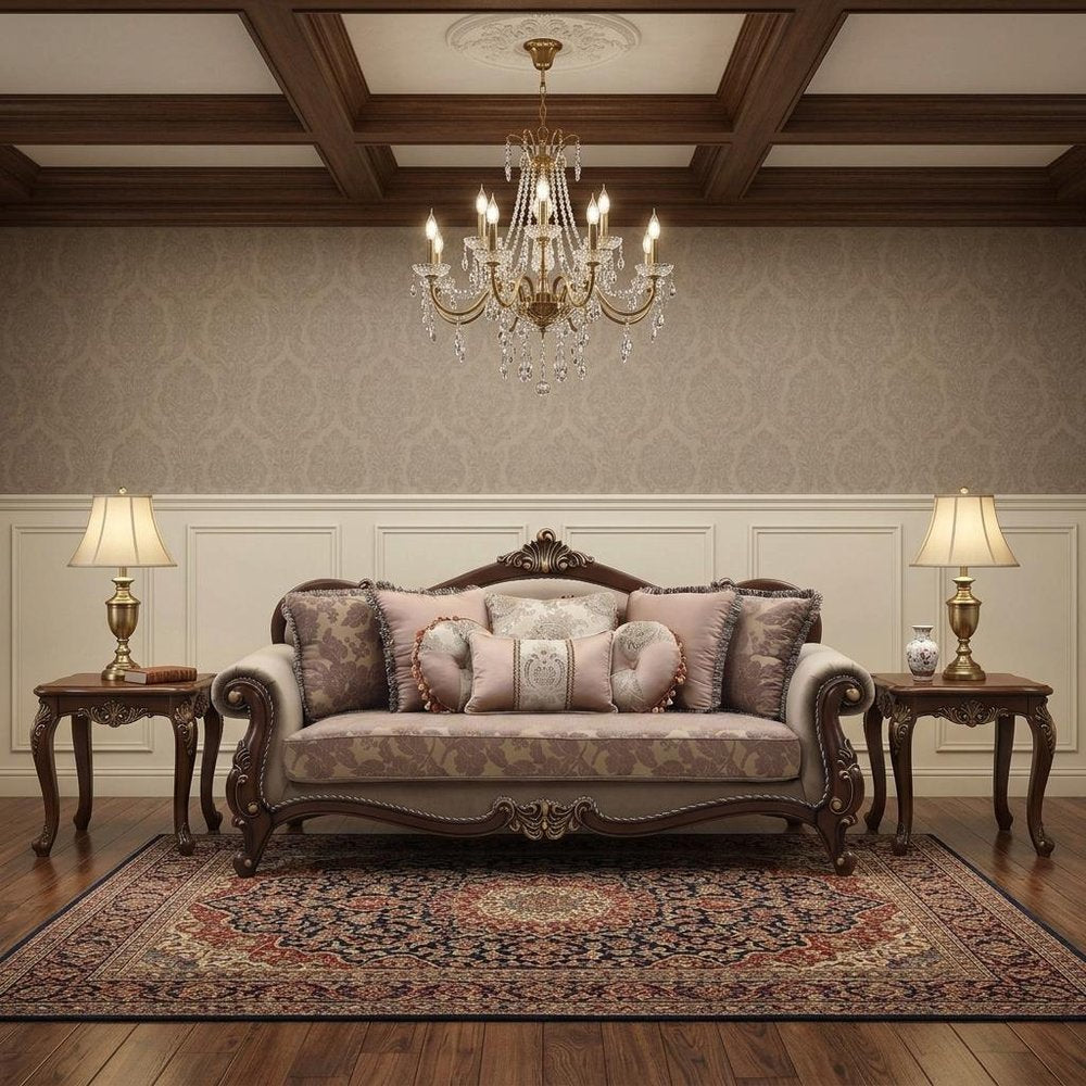 88" Beige Velvet Floral Sofa And Toss Pillows With Brown Legs HomeRoots