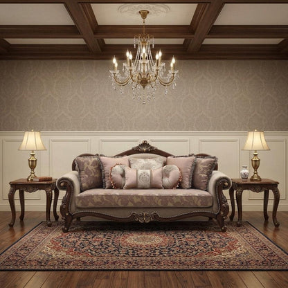 88" Beige Velvet Floral Sofa And Toss Pillows With Brown Legs HomeRoots
