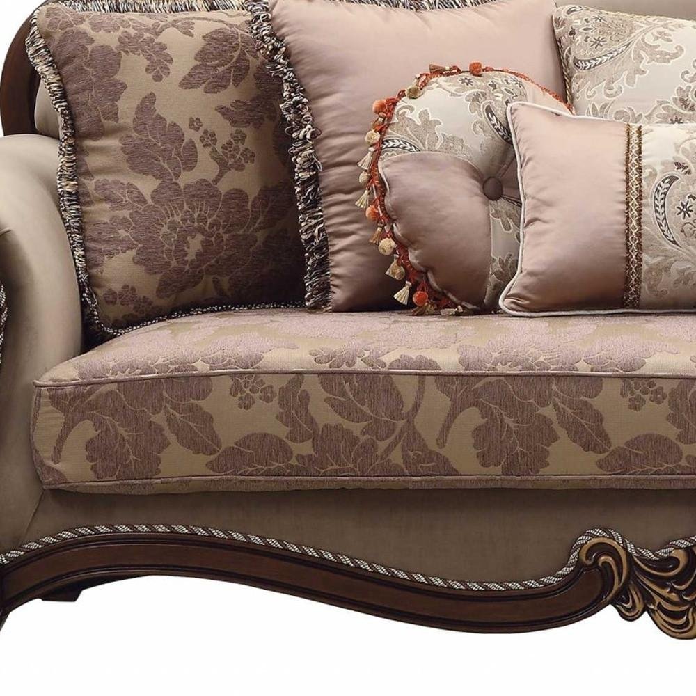 88" Beige Velvet Floral Sofa And Toss Pillows With Brown Legs HomeRoots