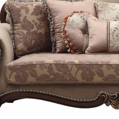 88" Beige Velvet Floral Sofa And Toss Pillows With Brown Legs HomeRoots