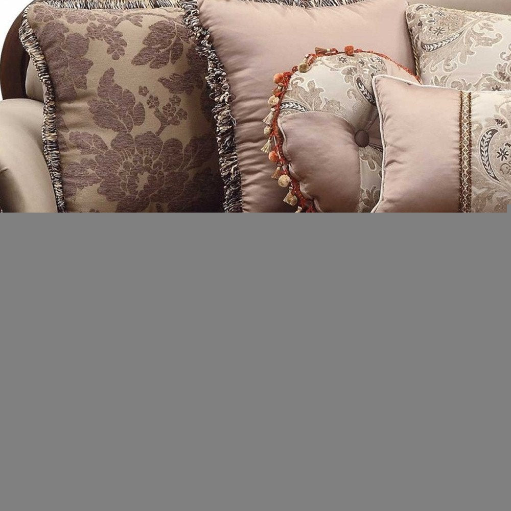 88" Beige Velvet Floral Sofa And Toss Pillows With Brown Legs HomeRoots