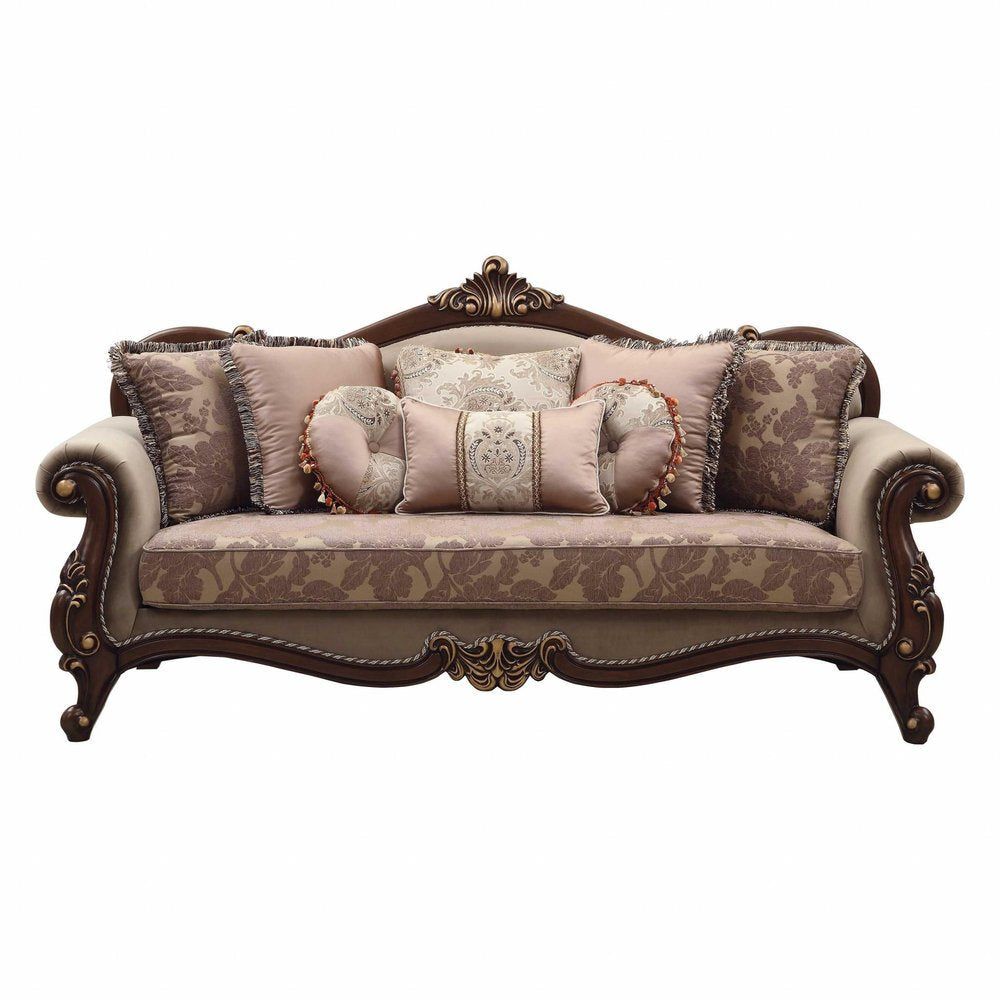 88" Beige Velvet Floral Sofa And Toss Pillows With Brown Legs HomeRoots