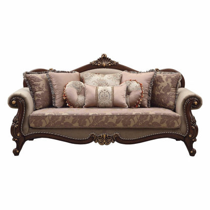 88" Beige Velvet Floral Sofa And Toss Pillows With Brown Legs HomeRoots