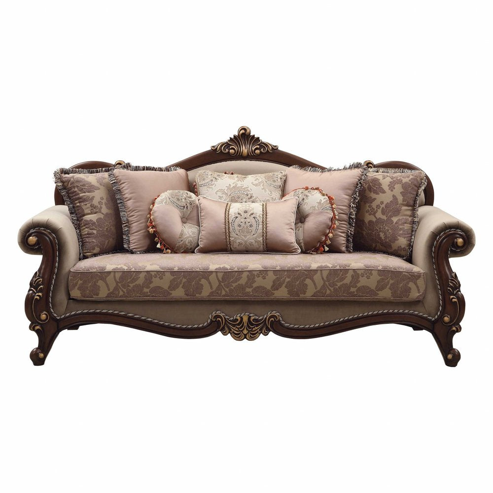 88" Beige Velvet Floral Sofa And Toss Pillows With Brown Legs HomeRoots
