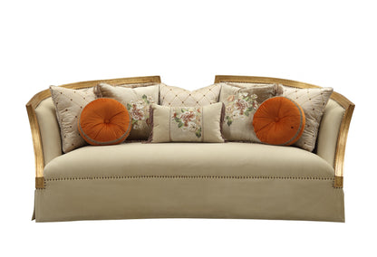 41" Beige Velvet Curved Sofa And Toss Pillows With Natural Legs