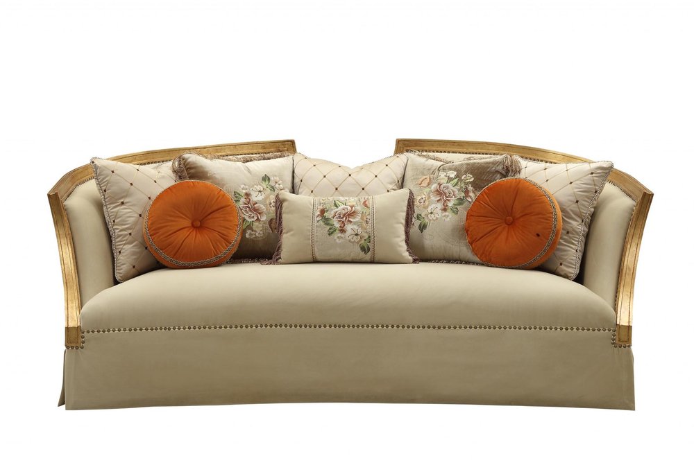41" Beige Velvet Curved Sofa And Toss Pillows With Natural Legs HomeRoots