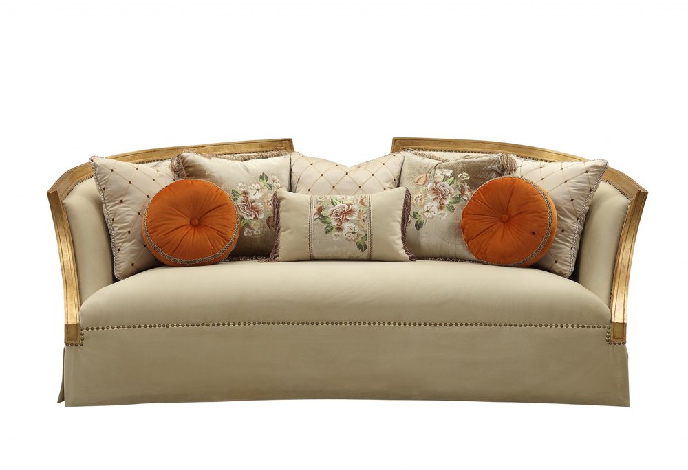 41" Beige Velvet Curved Sofa And Toss Pillows With Natural Legs HomeRoots