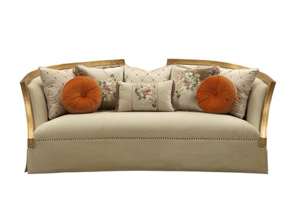 41" Beige Velvet Curved Sofa And Toss Pillows With Natural Legs HomeRoots
