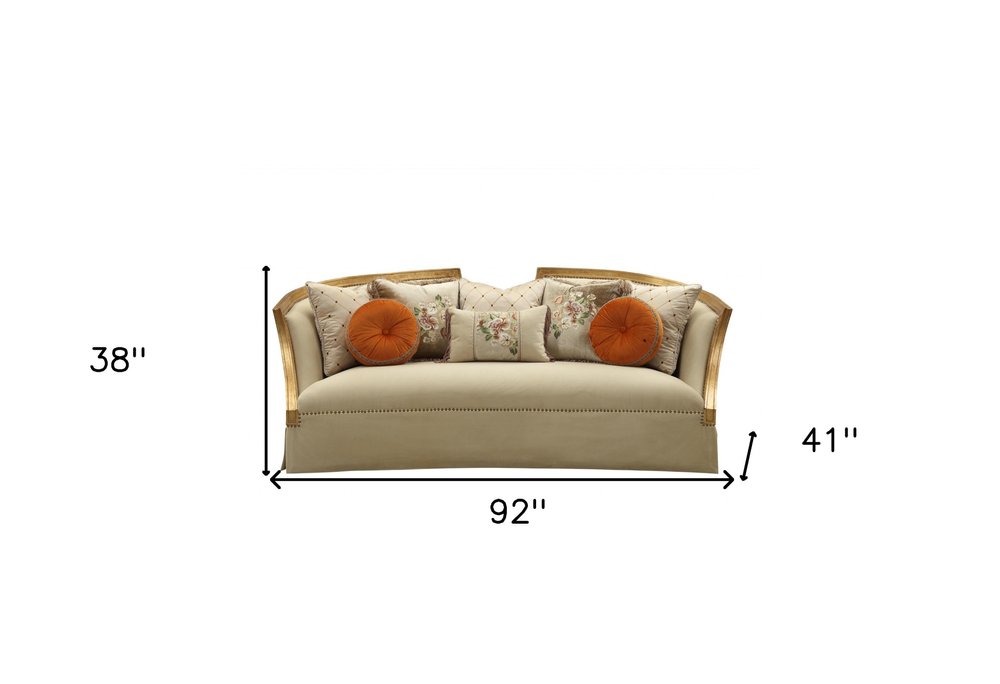 41" Beige Velvet Curved Sofa And Toss Pillows With Natural Legs HomeRoots