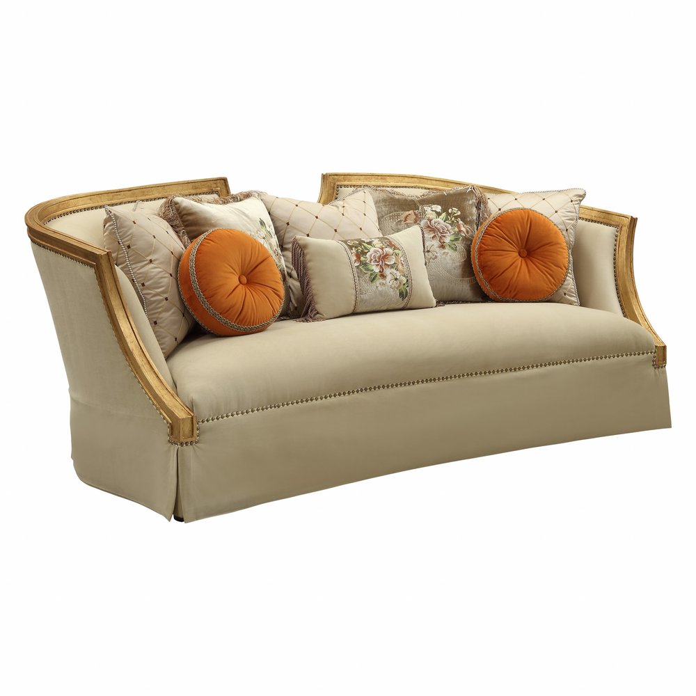 41" Beige Velvet Curved Sofa And Toss Pillows With Natural Legs HomeRoots