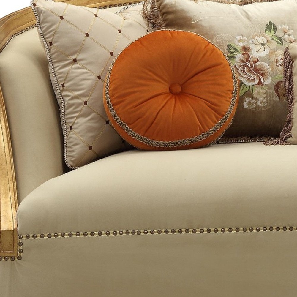 41" Beige Velvet Curved Sofa And Toss Pillows With Natural Legs HomeRoots
