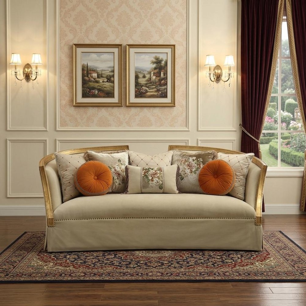 41" Beige Velvet Curved Sofa And Toss Pillows With Natural Legs HomeRoots