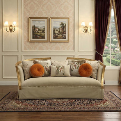 41" Beige Velvet Curved Sofa And Toss Pillows With Natural Legs HomeRoots