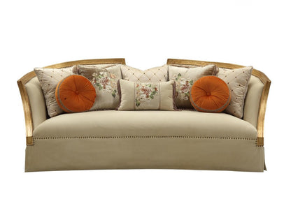 41" Beige Velvet Curved Sofa And Toss Pillows With Natural Legs HomeRoots