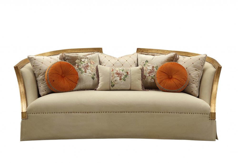41" Beige Velvet Curved Sofa And Toss Pillows With Natural Legs HomeRoots
