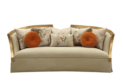41" Beige Velvet Curved Sofa And Toss Pillows With Natural Legs HomeRoots