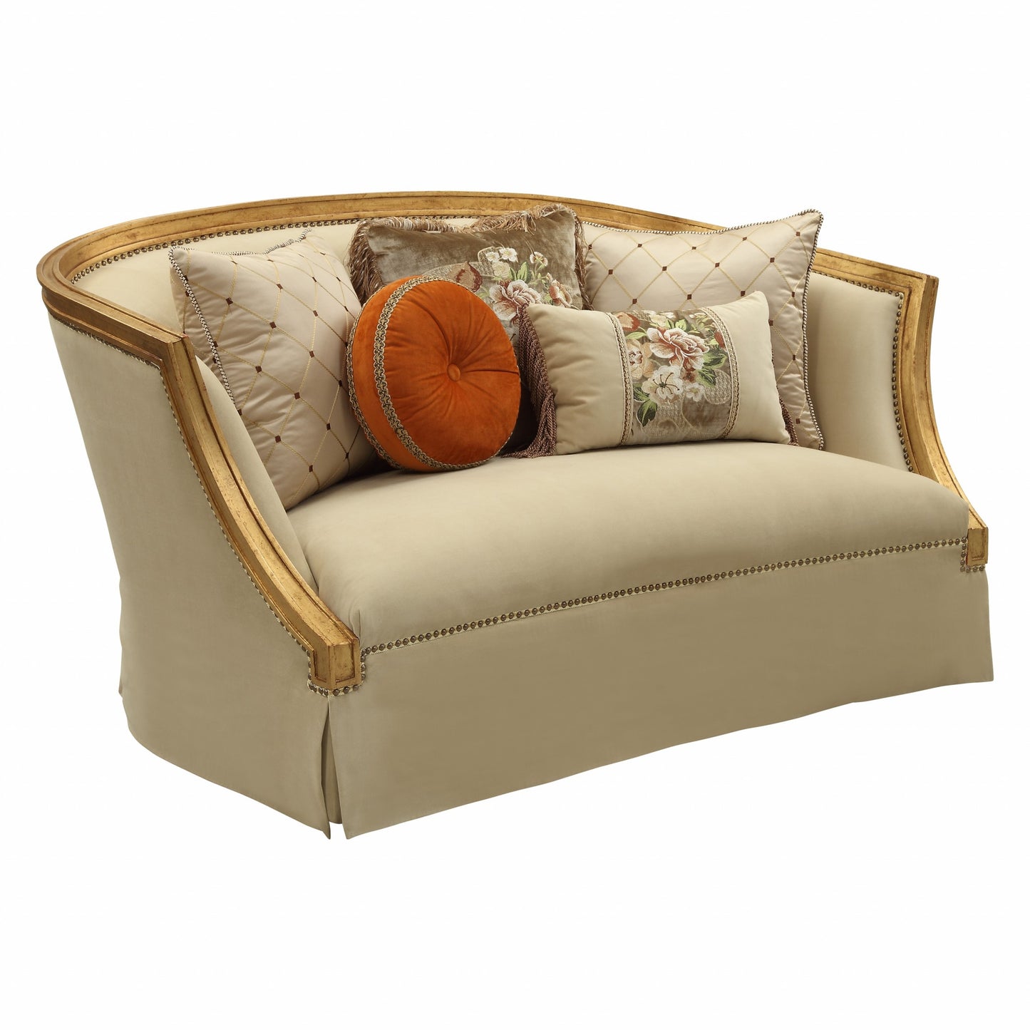 70" Tan And Gold Polyester Blend Curved Loveseat and Toss Pillows