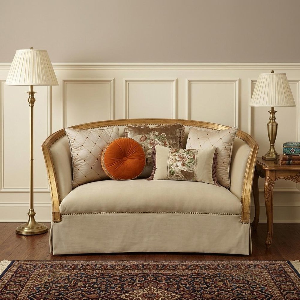 70" Tan And Gold Curved Loveseat and Toss Pillows HomeRoots